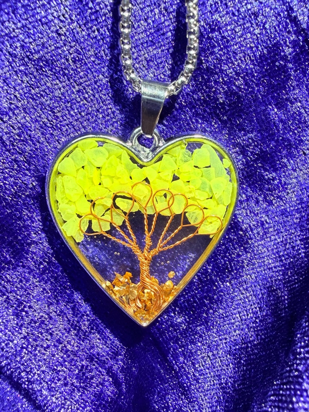 Tree of Life Heart Pendant Necklace Yellow Gemstones Healing Copper